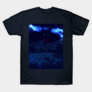 Digital collage and special processing. I am standing in field, and big, dark monster looking on me. Red and blue, dotted blue lines. T-Shirt